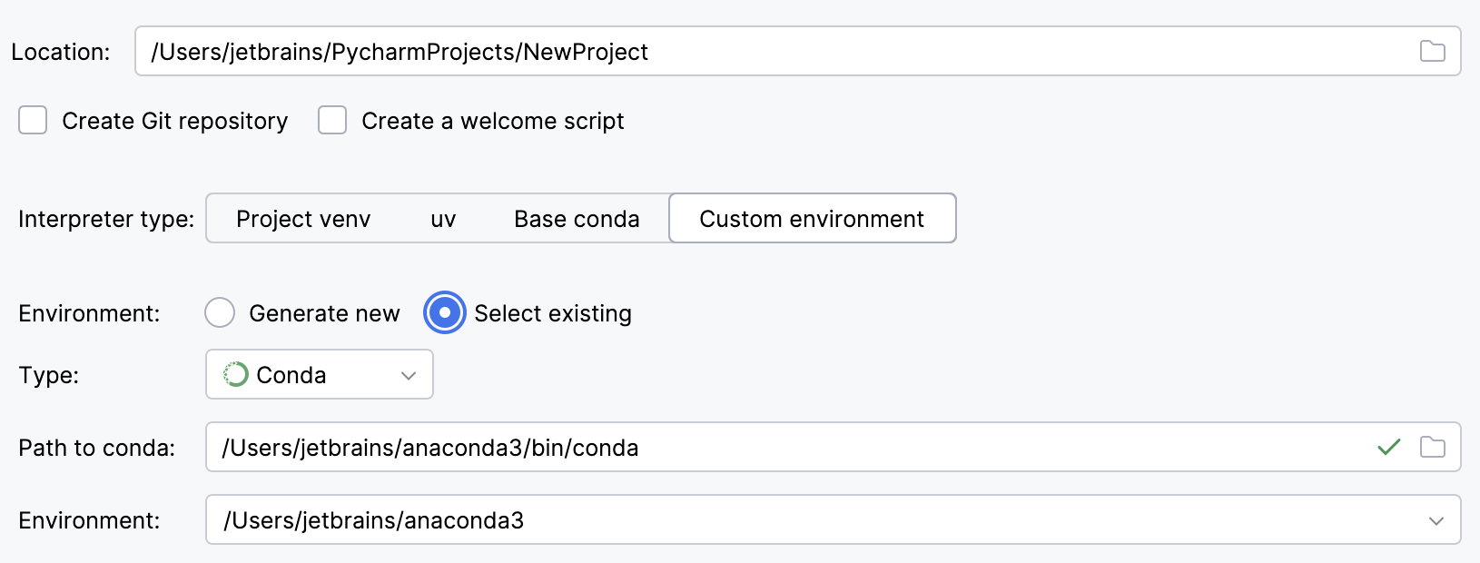 Selecting an existing conda interpreter for a new project Selecting an existing conda interpreter for a new project