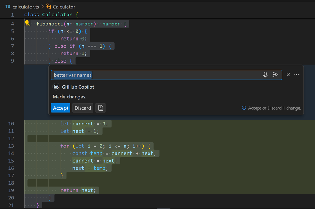 Ask inline chat to use better variable names on existing code