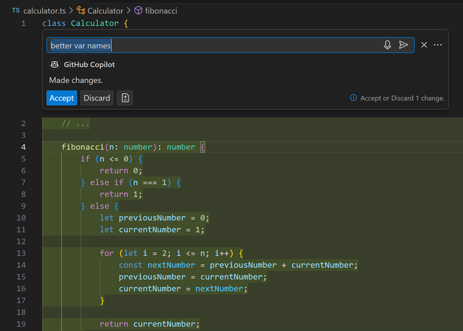 Ask Copilot to use better variable names and new result