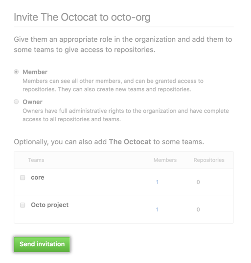 Role and team options and send invitation button