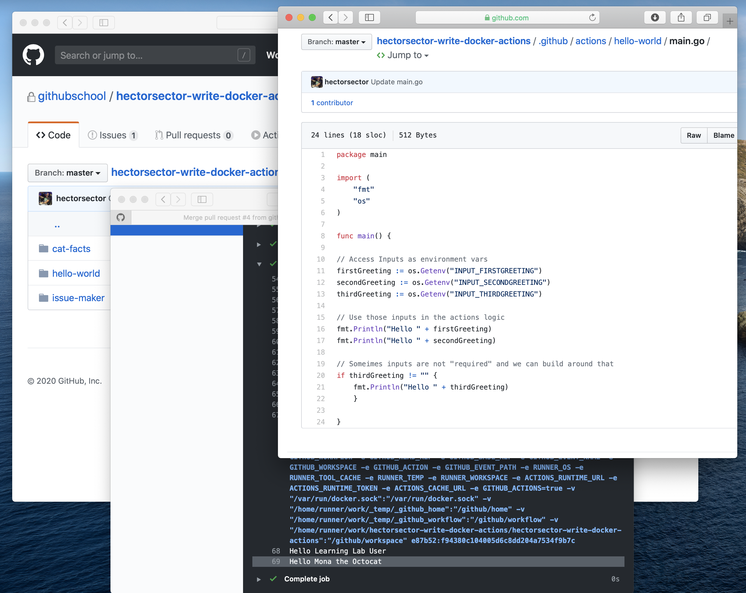 screenshot of three actions: issue-maker, hello-world, and cat-facts