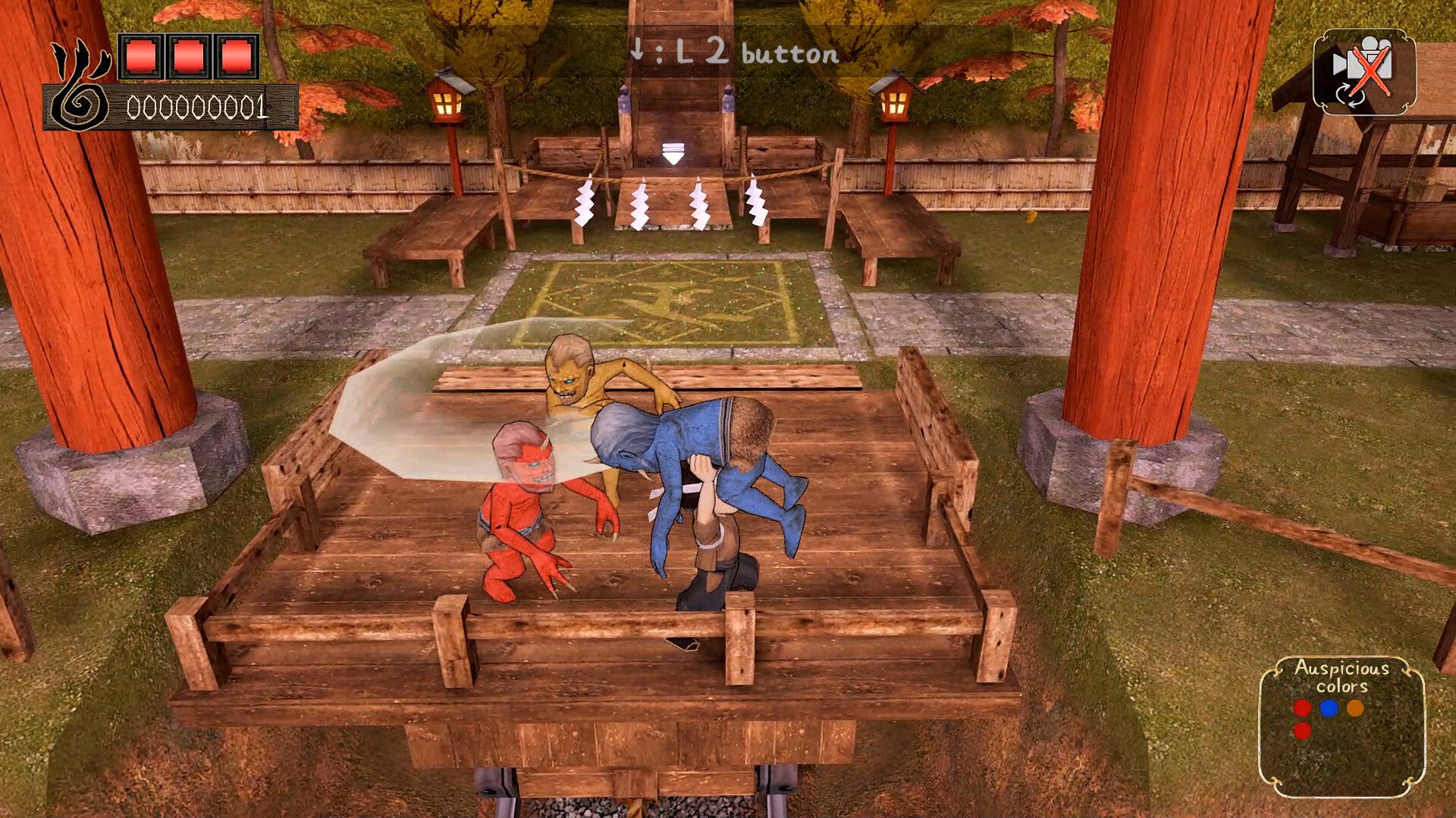 A warrior dodging attacking demons on a funicular railway in the retro Japanese game Incline