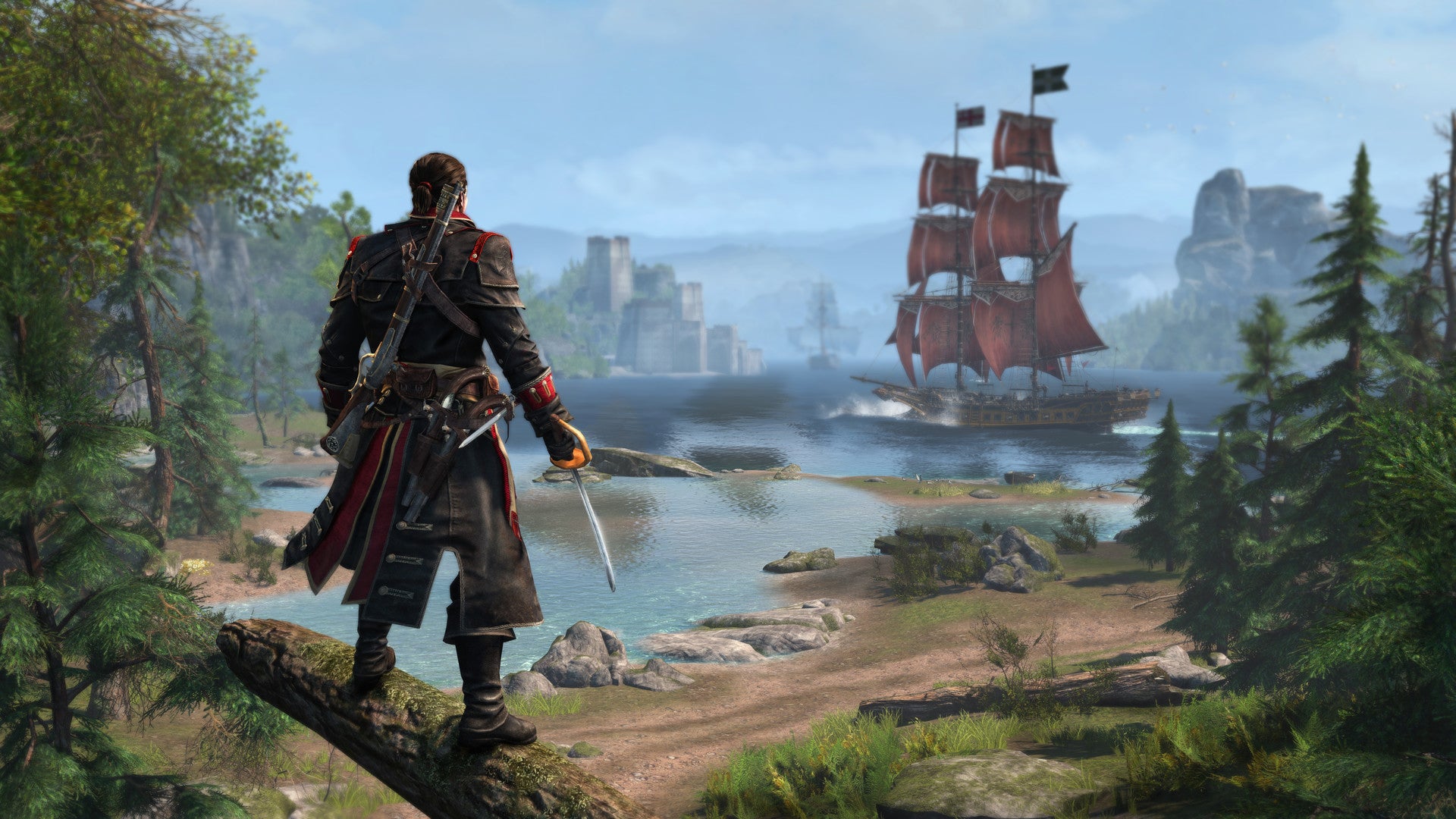 Shay Cormac looks out towards a ship in Assassin’s Creed Rogue.