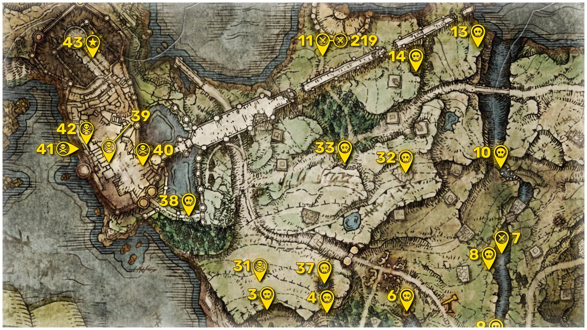 A partial boss locations map of The Lands Between in Elden Ring, centred around northern Limgrave and Stormveil Castle. The locations of all bosses are numbered and marked with yellow pins on the map.