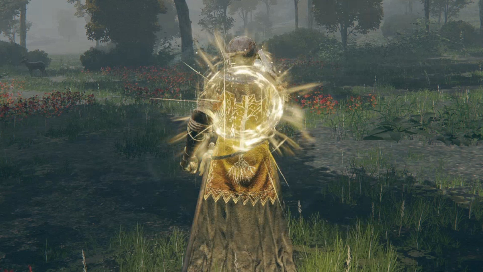 Elden Ring: the player imbibes an elixir from the Flask of Wondrous Physick while outside in a forest.