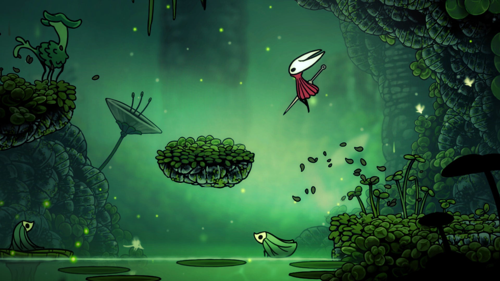 Hornet doing a big jump in Hollow Knight: Silksong.