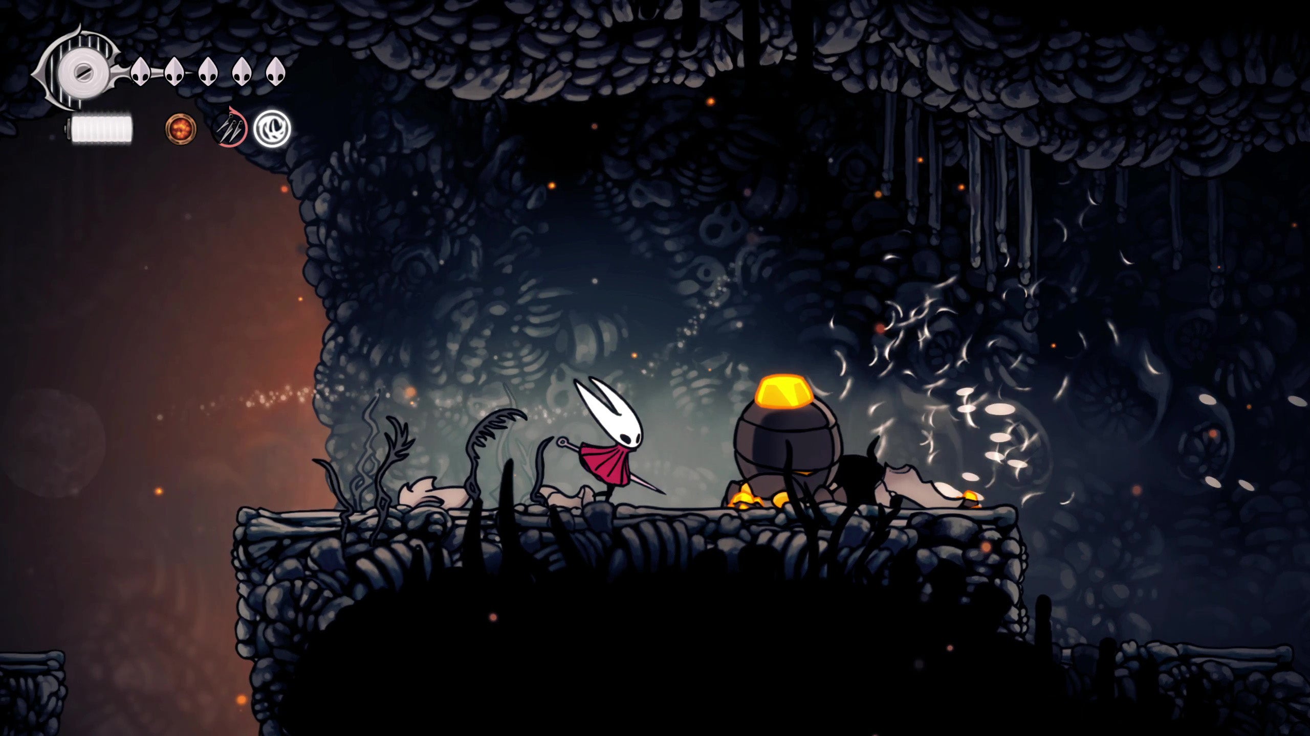 Hornet and a Flintbeetle about to fight in Hollow Knight Silksong.