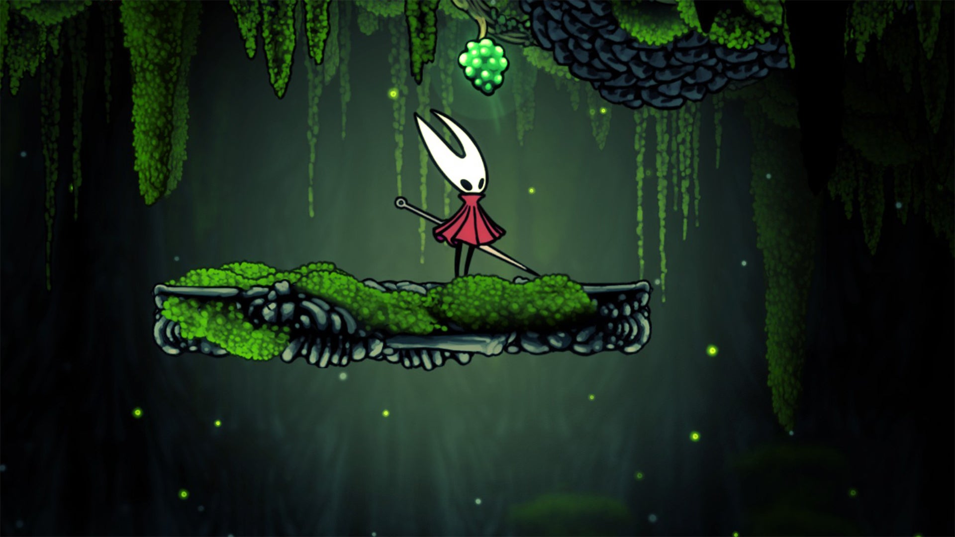 Hornet stands underneath a Mossberry in Hollow Knight: Silksong.
