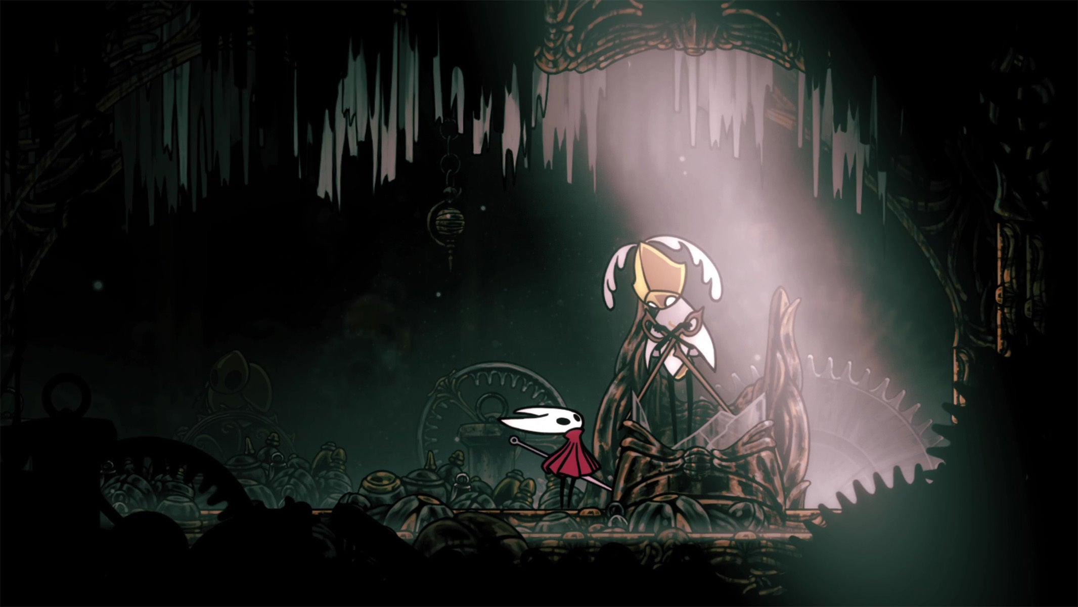 The Second Sentinel stands activated after Hornet implants the Cogheart into it in Hollow Knight Silksong.