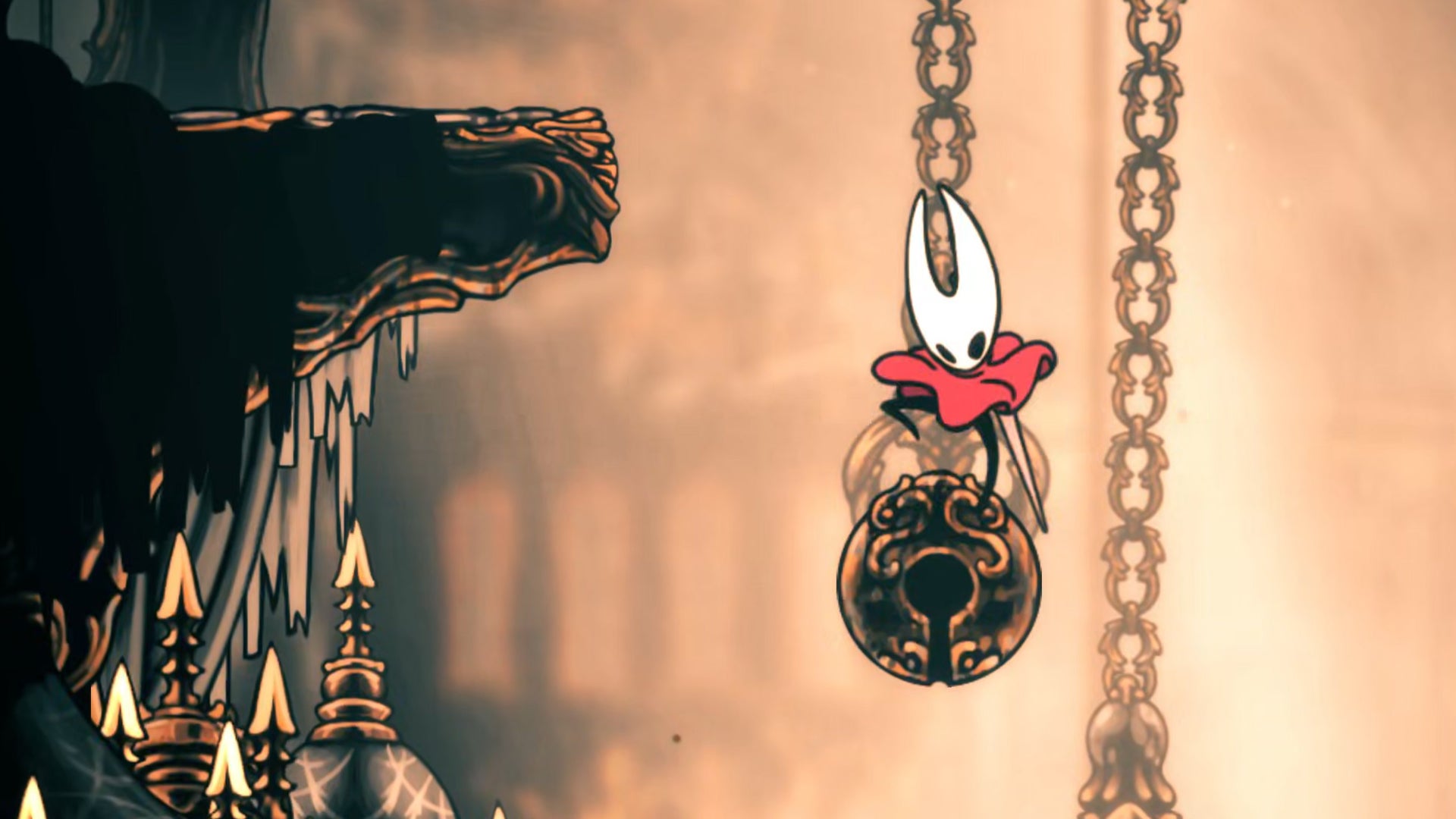 Hornet in Hollow Knight: Silksong launches herself up towards an upper ledge by "pogo-ing" off the top of a hanging bronze circular bell in the Choral Chambers region of the map.