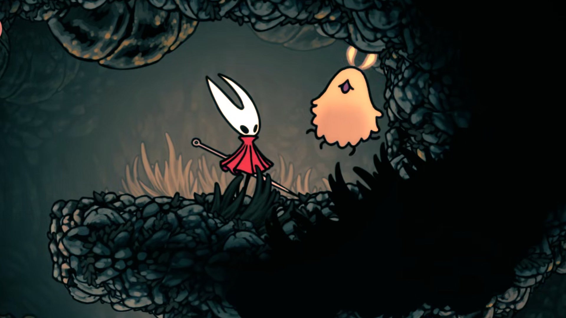 Hornet in Hollow Knight: Silksong stands next to a rescued Flea above Songclave.