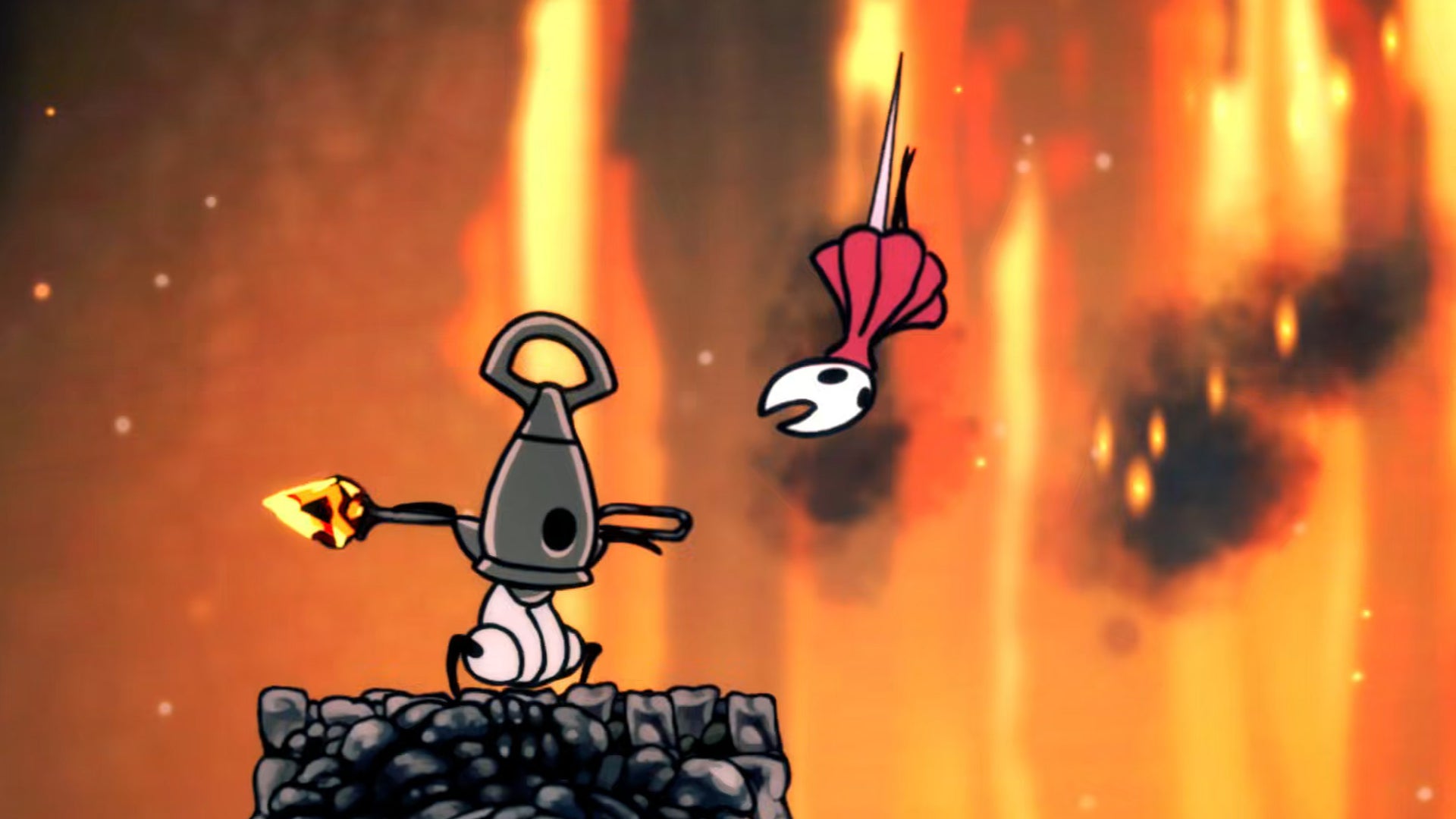 Hornet in Hollow Knight: Silksong does a backflip to avoid an attack from Forebrother Grom in the Deep Docks, against a backdrop of cascading lava.