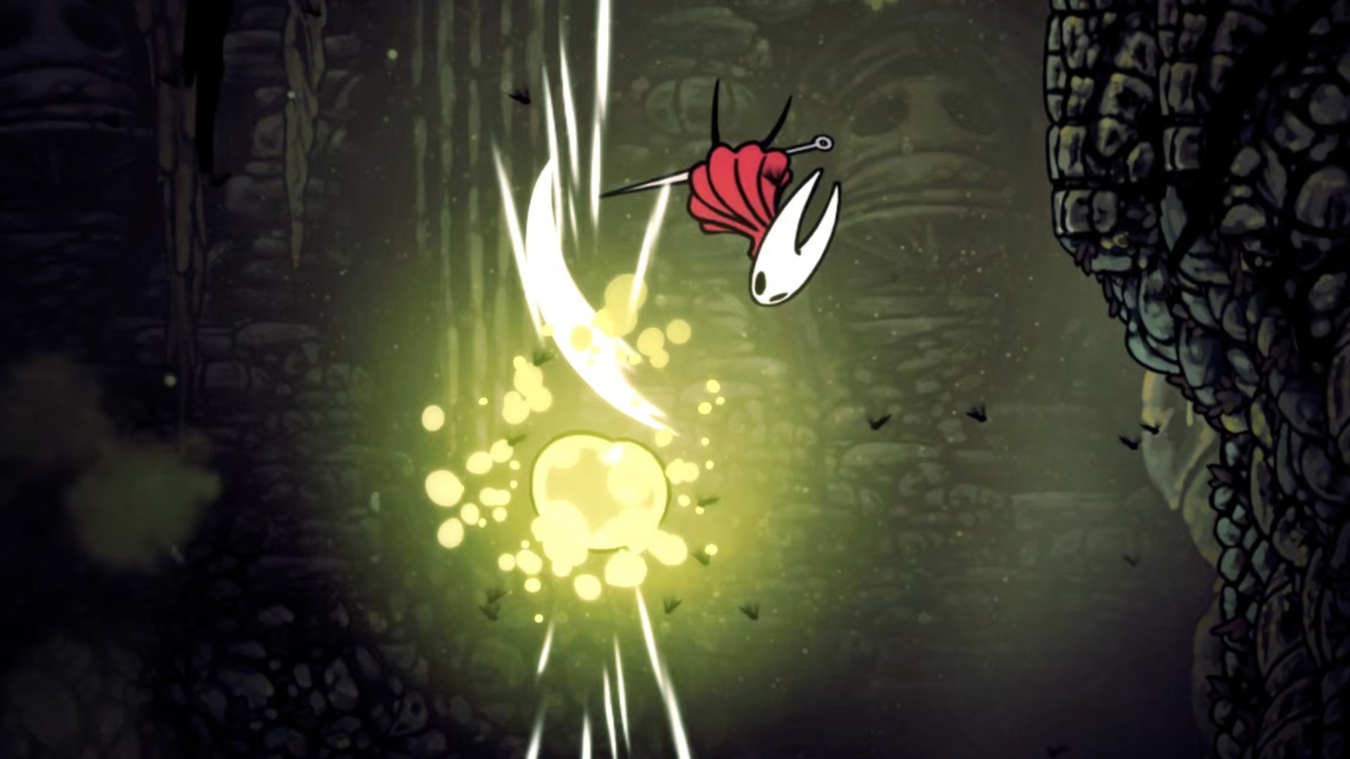 Hornet in Hollow Knight: Silksong "pogo" attacks a floating green orb of acid in Bilewater from above, in order to bounce higher up onto the wall to her right.