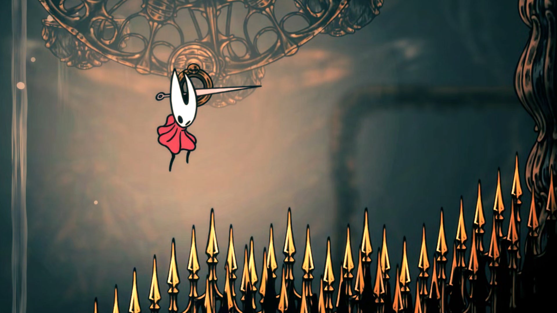 Hornet in Hollow Knight: Silksong hangs off a ring-shaped hook on a wheel with her Clawline, and looks down at the golden spikes below in the High Halls.