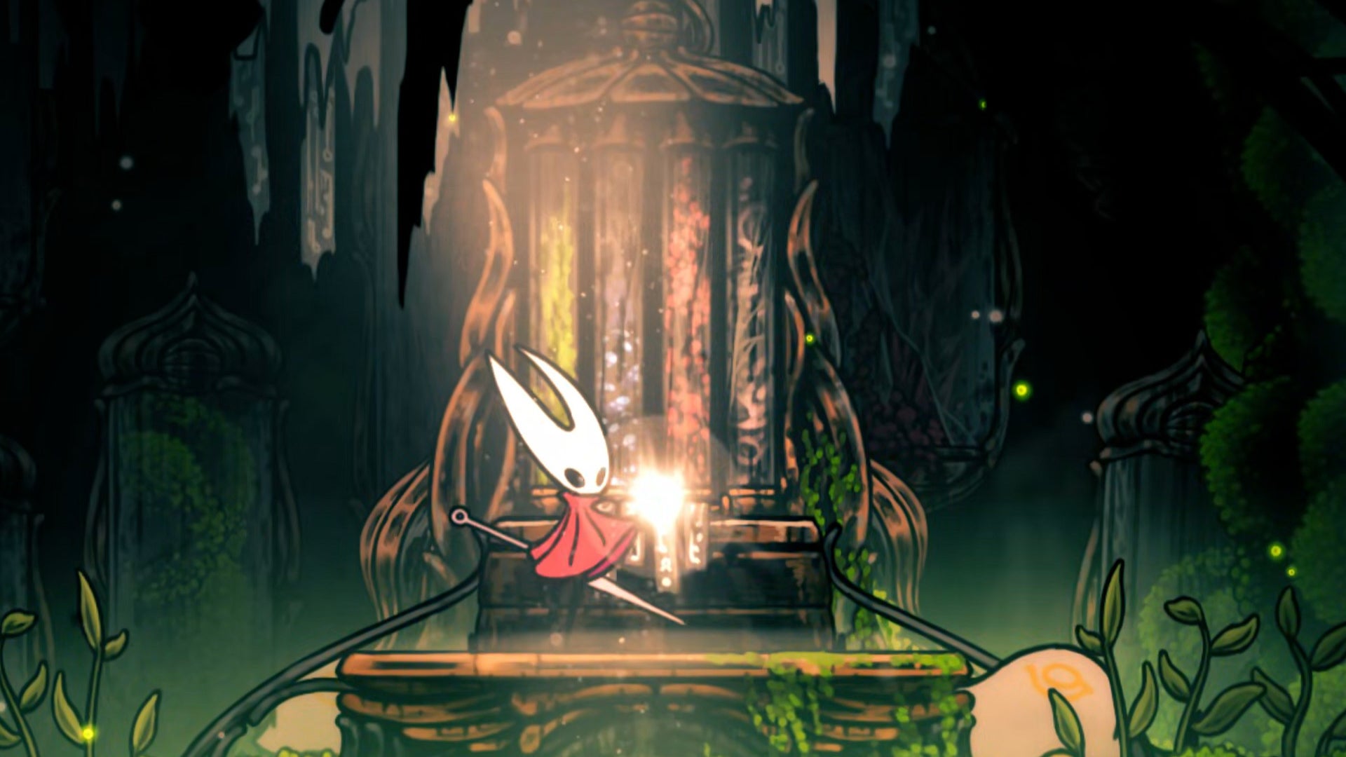 Hornet in Hollow Knight: Silksong takes an item from a large multicoloured pedestal in the Memorium region.