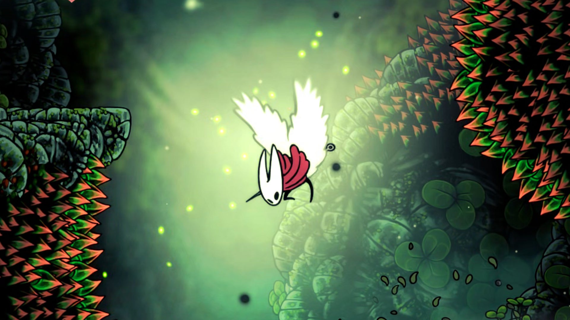 Hornet in Hollow Knight: Silksong uses her Faydown Cloak to double-jump up to a ledge surrounded by red thorns in Lost Verdania.