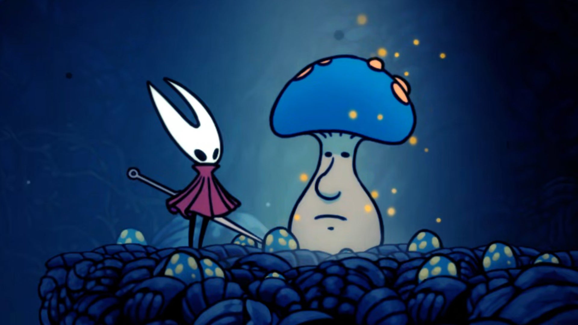 Hornet in Hollow Knight: Silksong stands next to Mister Mushroom on a rocky mushroom-covered surface.