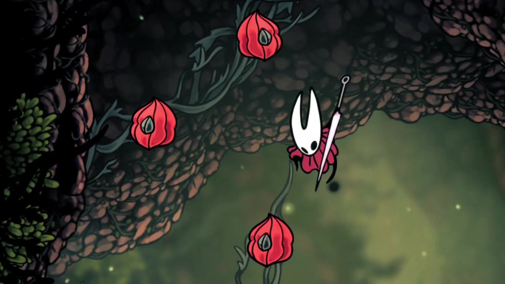Hornet in Hollow Knight: Silksong attacks downwards in midair to "pogo" off some red plant bulbs in the Hunter's March region.