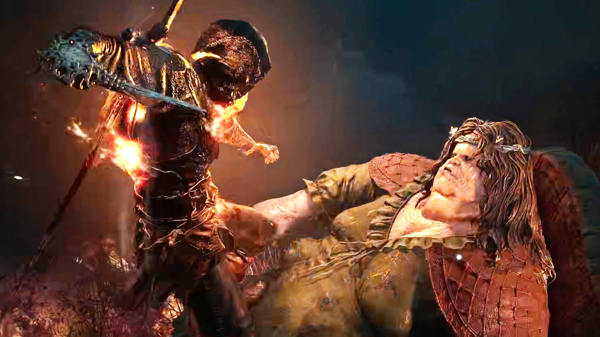 The player character in Mortal Shell 2, as Tiel, jumps onto the top of the malformed boss Magdalena, and prepares to strike her with their dagger as part of a critical hit animation.