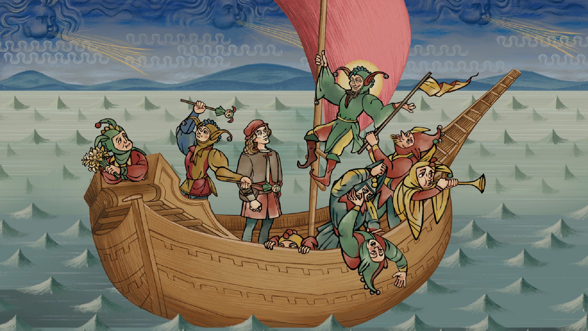 Andreas Maler aboard a ship of fools in Pentiment.
