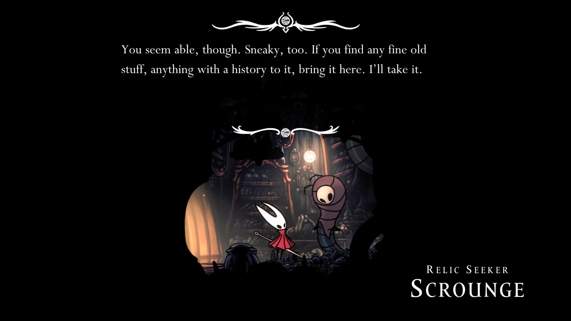 Hornet speaks with Relic Seeker Scrounge in Hollow Knight Silksong.