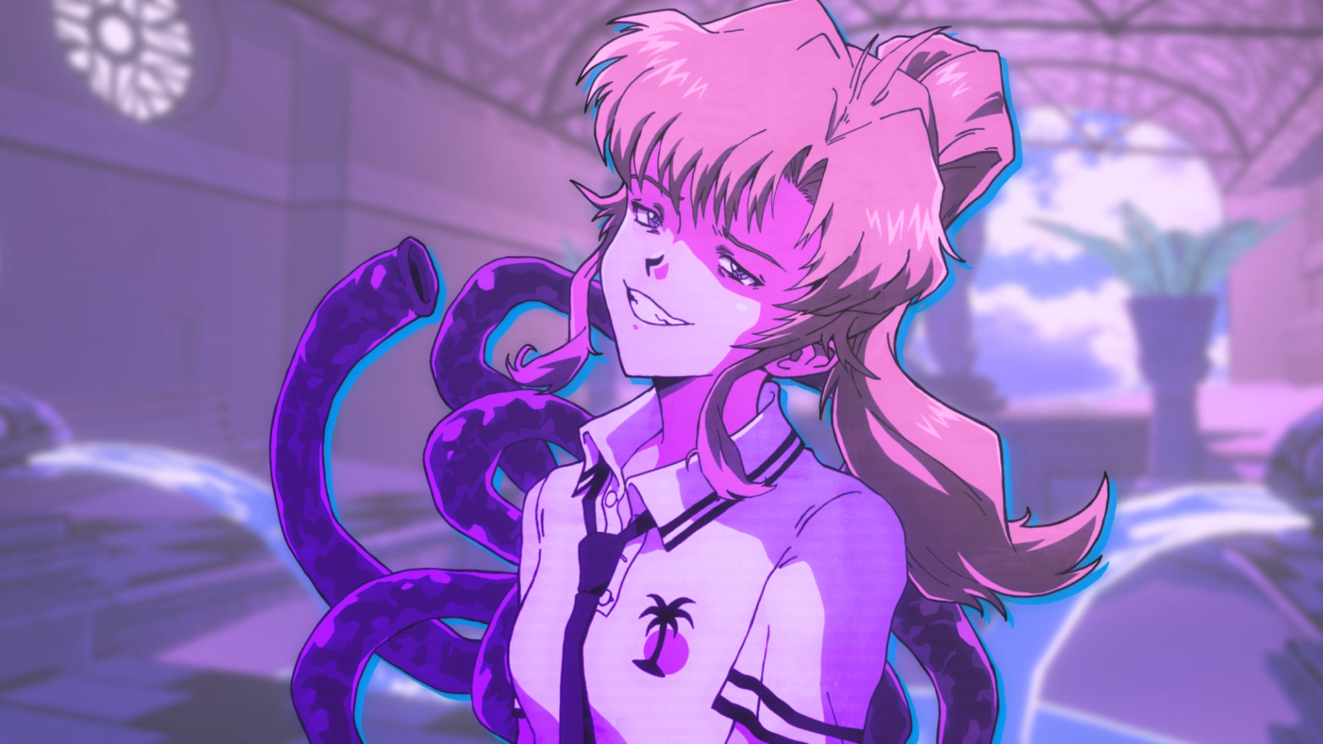 Artwork showing a character from Roman Sands Re:Build in their resort worker uniform against a vaporwave-inspired indoor backdrop of palm trees, spewing fountain water, and distant blue skies.