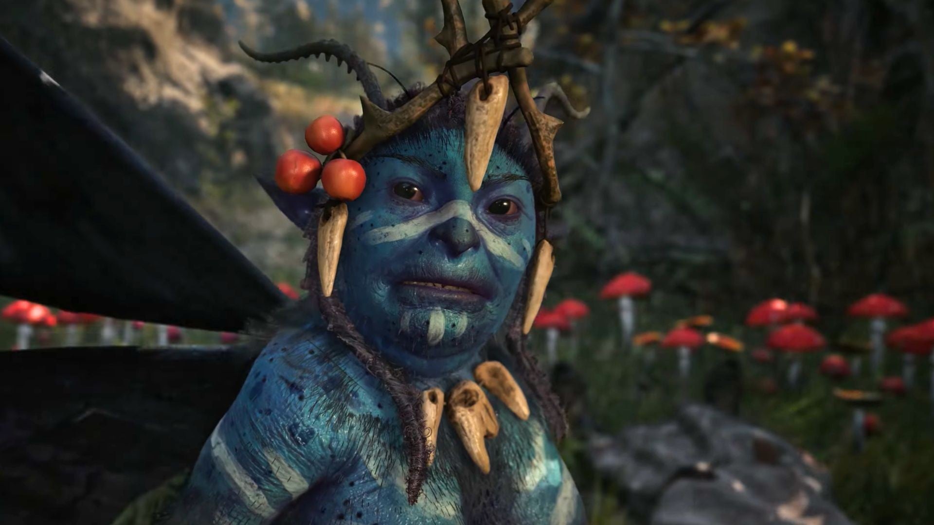 A blue-skinned, white-painted moth humanoid in The Blood of Dawnwalker.