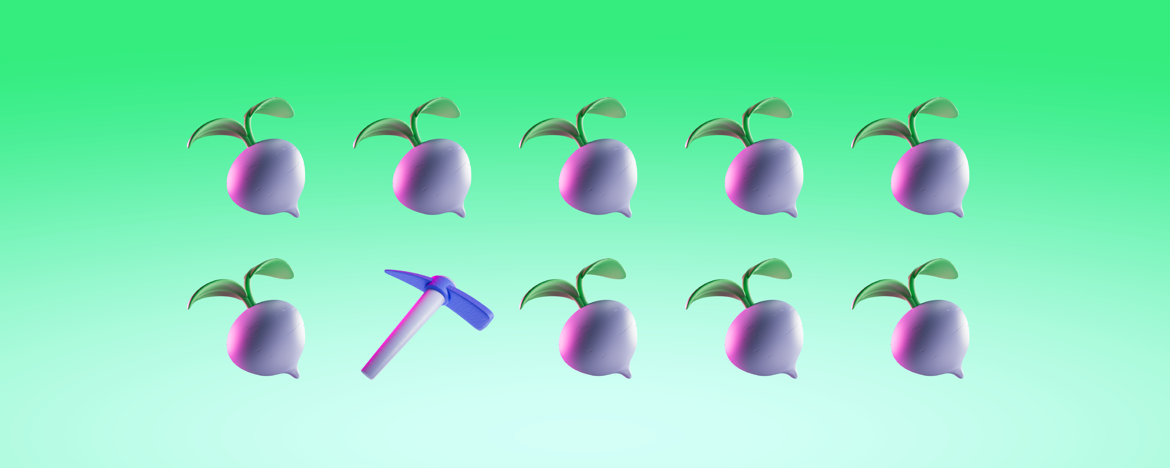 Nine turnips and a pickaxe, aligned in a 5x2 grid.