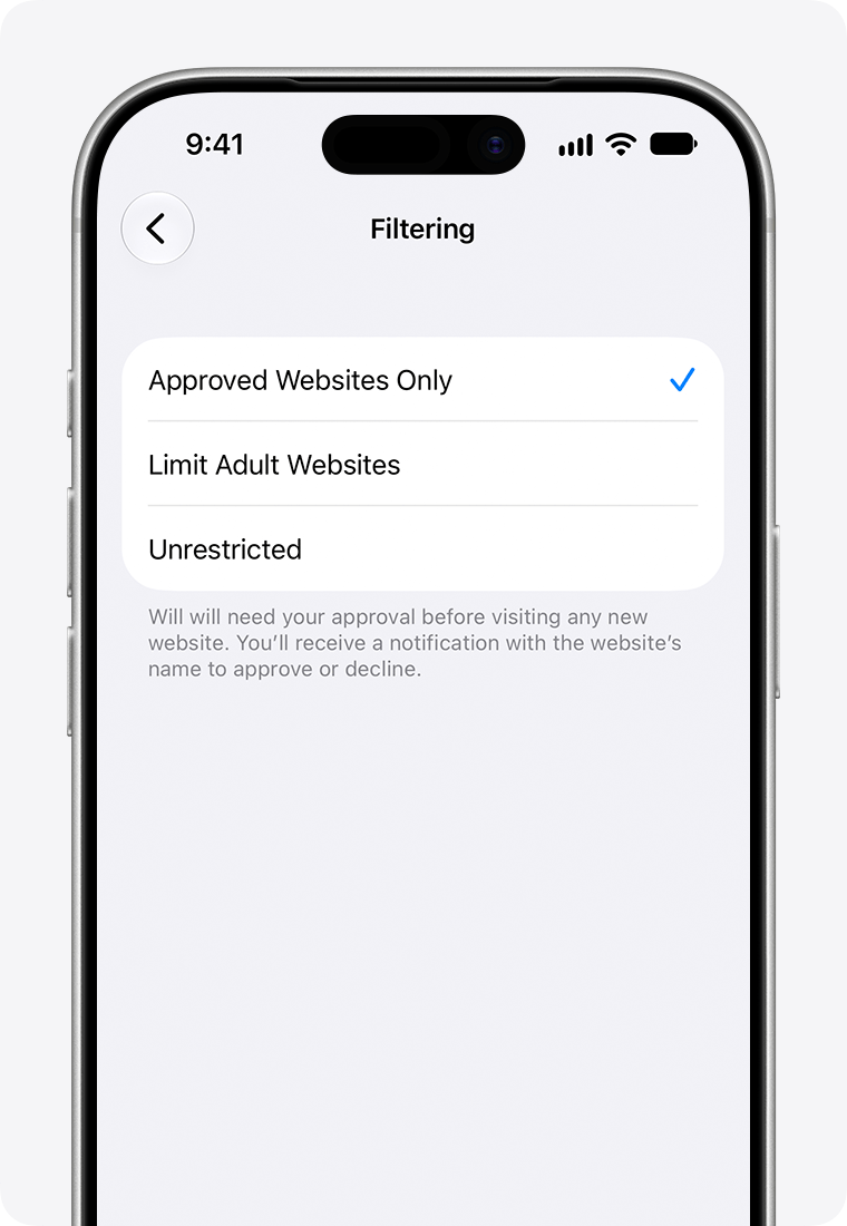 iPhone screen showing parental controls settings with "Approved Websites Only" selected.