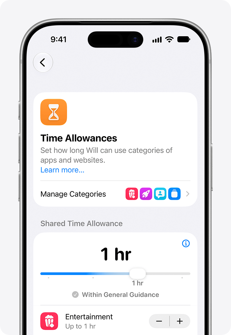 iPhone Screen Time settings showing Time Allowances and app limits.