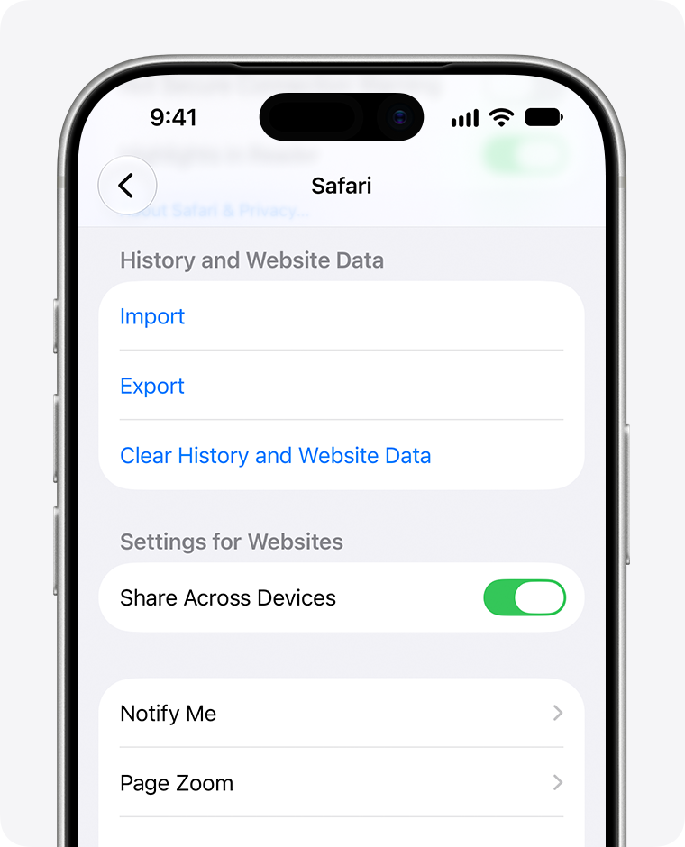 iPhone Safari settings screen showing options to clear history and website data.