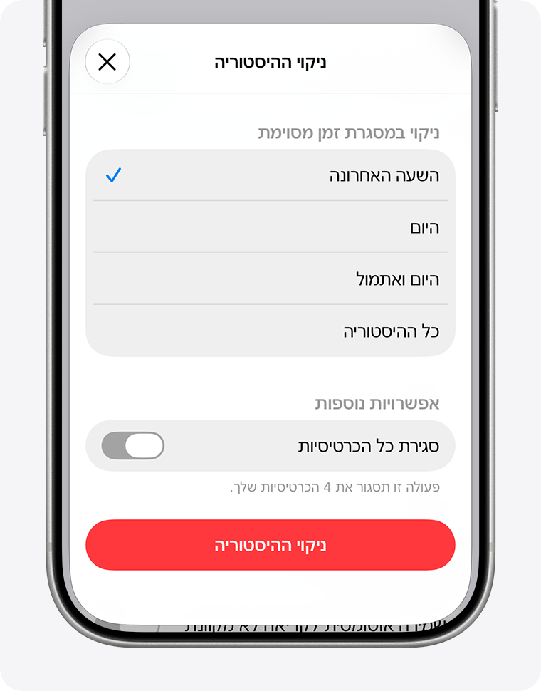 מסך iPhone המציג את תפריט 'ניקוי היסטוריה' של Safari עם אפשרויות לניקוי ההיסטוריה עבור טווחי זמן שונים. הלחצן 'ניקוי היסטוריה' נמצא בתחתית המסך.
