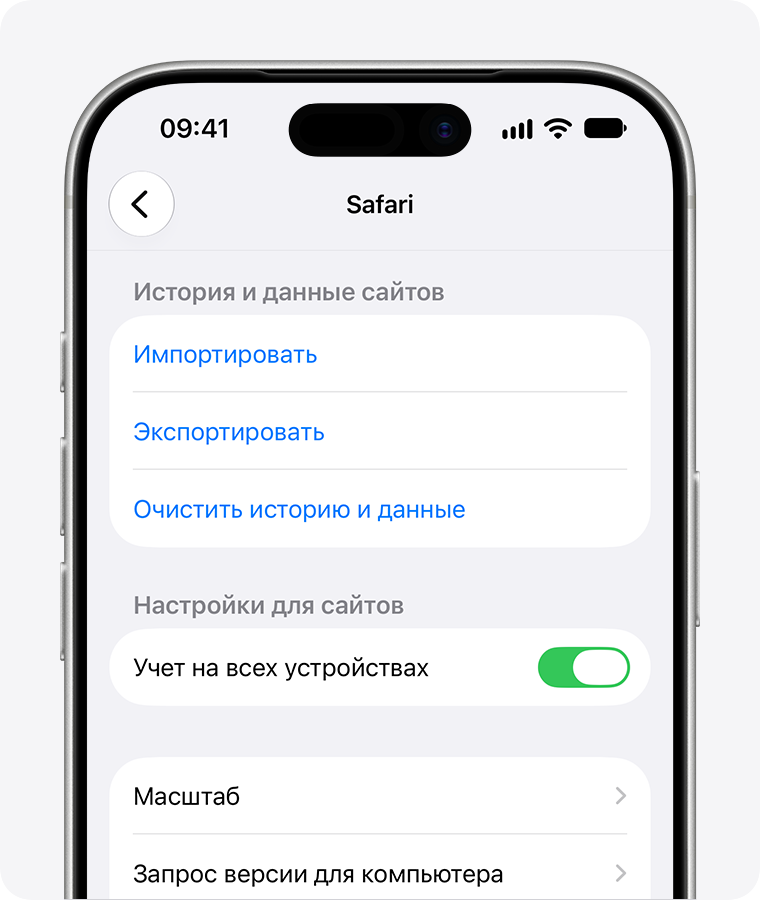 Экран настроек Safari на iPhone с параметрами очистки истории и данных веб-сайтов.