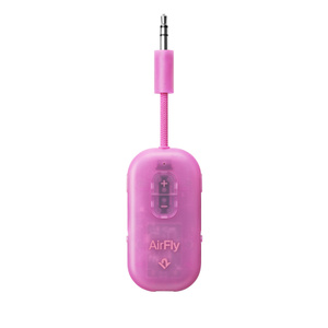 Twelve South Airfly Pro 2 Bluetooth Transmitter, top exterior, pink color, 3.5mm plug at top, volume control buttons, AirFly logo at bottom