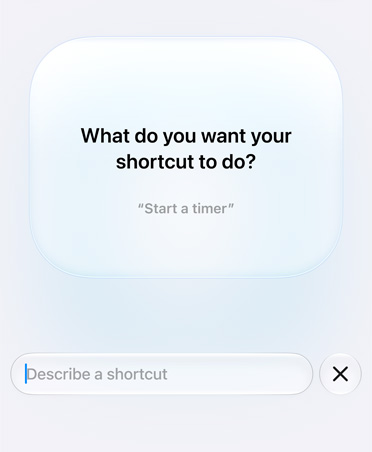 La pantalla muestra una consulta de Apple Intelligence sobre la intención del atajo: "¿Qué quieres que haga el atajo?" El ejemplo de solicitud dice: "Iniciar un temporizador".