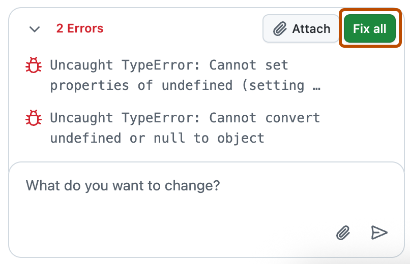 GitHub Spark로 식별된 오류의 스크린샷 "Fix all" 단추는 주황색 윤곽선으로 표시됩니다.