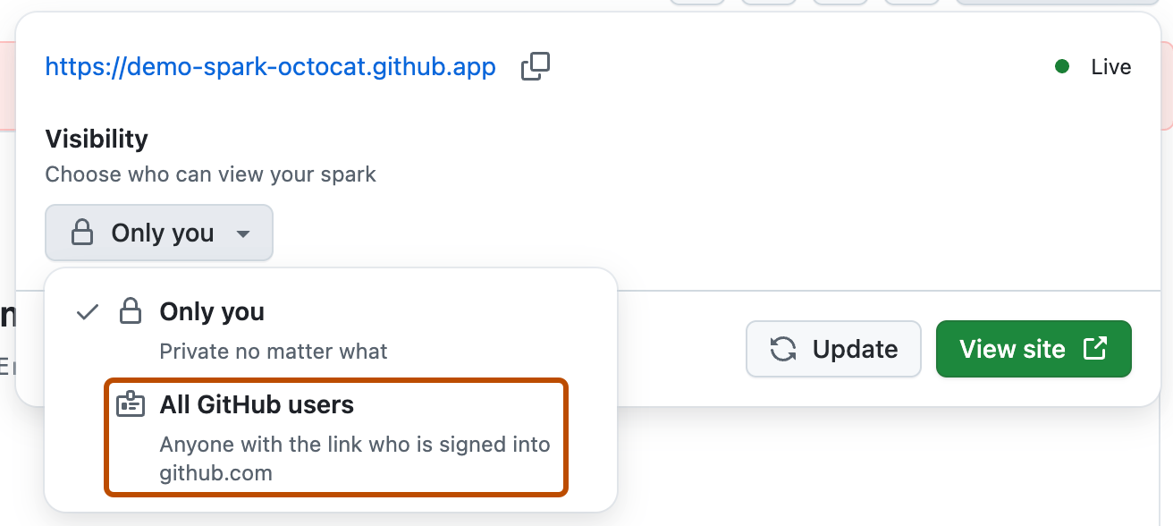 GitHub Spark 게시 메뉴의 스크린샷 "All GitHub users" 표시 유형 옵션이 주황색 윤곽선으로 강조 표시됩니다.